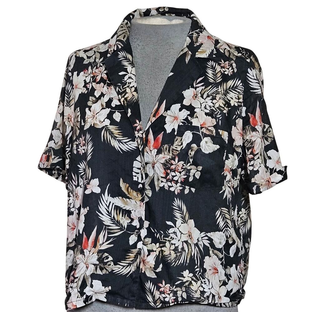 Tropical Button Up Crop Cotton Blend Blouse Size Medium
